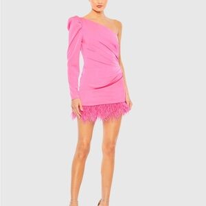 BNWT Mac Duggal Pink Feather Trim One Shoulder Draped Mini Dress Medium (6)
